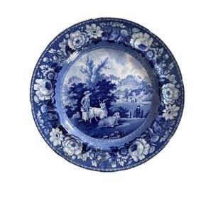 Antique Blue Transferware Plate Romantic Pastoral Scene Staffordshire